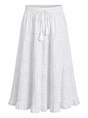 White Waves Womens White Cotton Boho Maxi Skirt With Embroidered Lace & Elastic